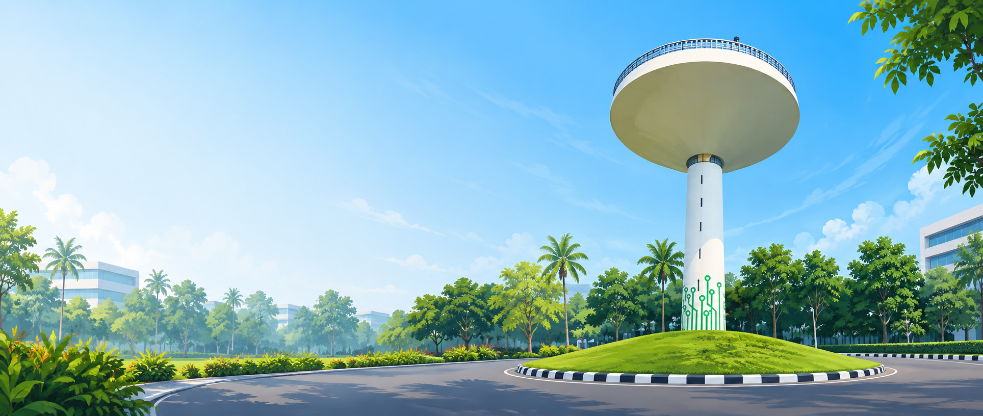 Vector-style view inspired by the Technopark water tank and landscaped campus in Trivandrum